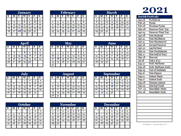 2021 Jewish Festivals Calendar Template - Free Printable Templates