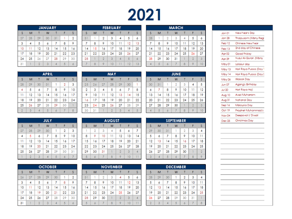 2021 Malaysia Annual Calendar with Holidays