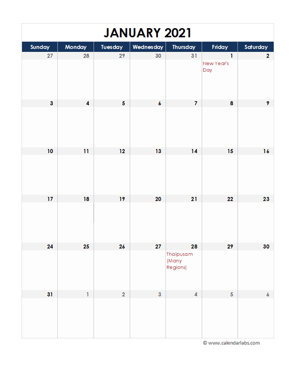 2021 Excel Calendar January 2021 Calendar Malaysia Malaysia Calendar