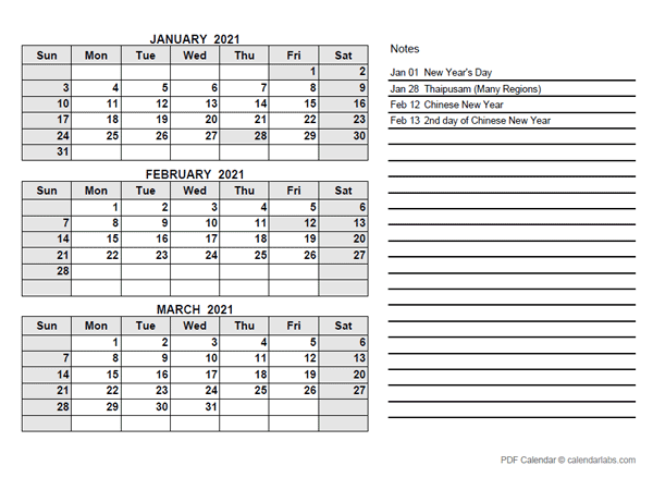 2021 Malaysia Quarterly Calendar with Holidays