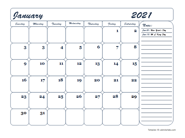 2021 Monthly Blank Calendar Template