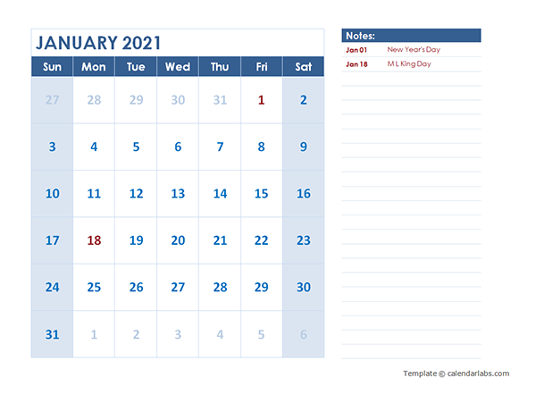 2021 Monthly Calendar Template Landscape