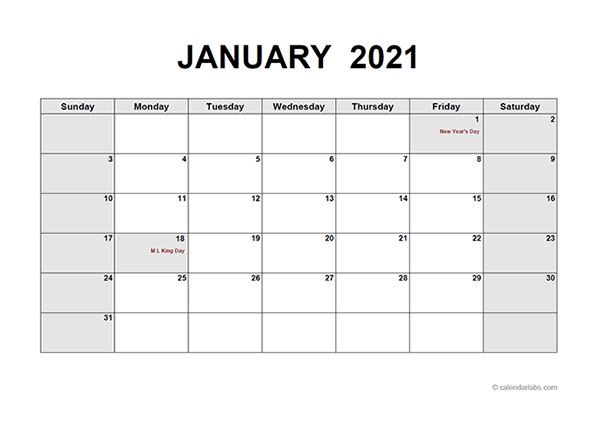 2021 Monthly Calendar PDF