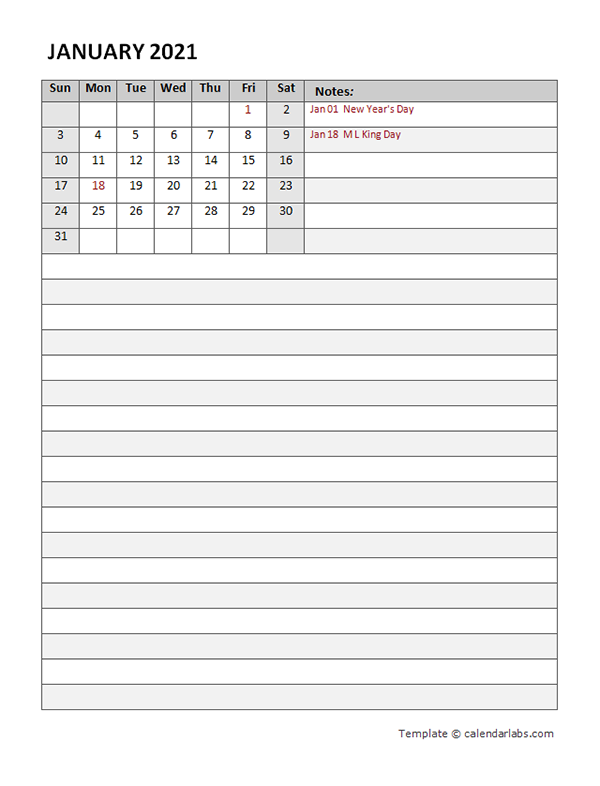 2021 Monthly Calendar Template Portrait