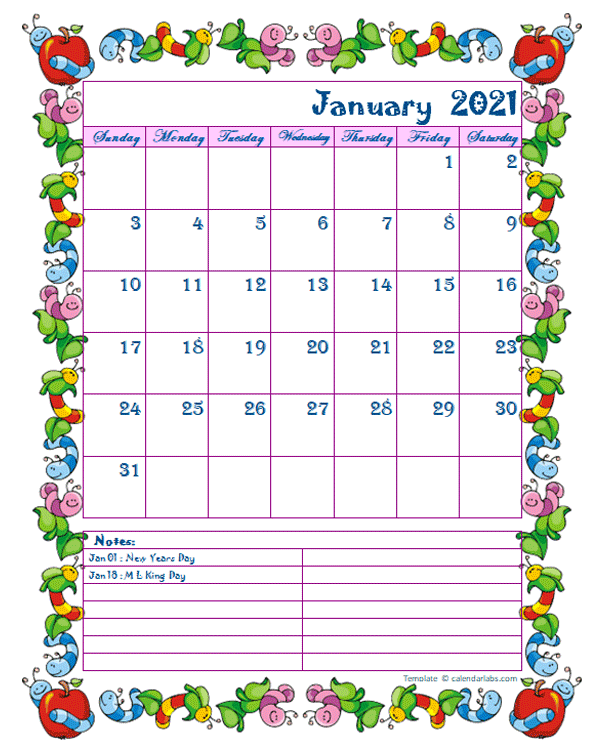 2021 Monthly Kid Kindergarten Calendar Template