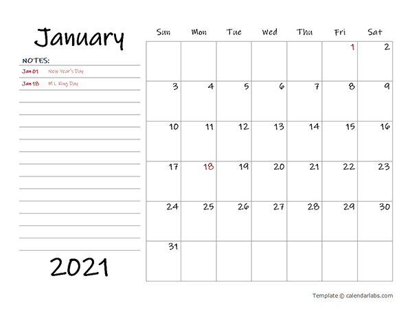 2021 Calendar Template with Monthly Notes