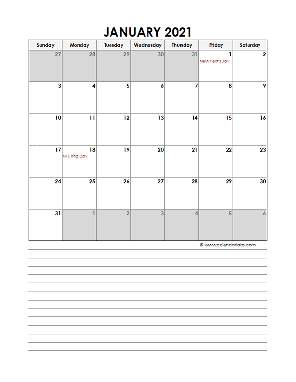2021 Monthly Excel Template Calendar