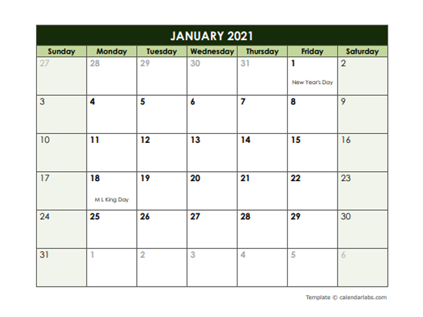 2021 Monthly Google Docs Calendar Template