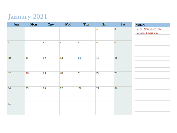 2021 Monthly OneNote Calendar