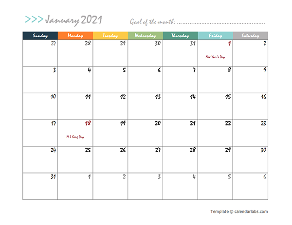 2021 Monthly Pages Calendar Template
