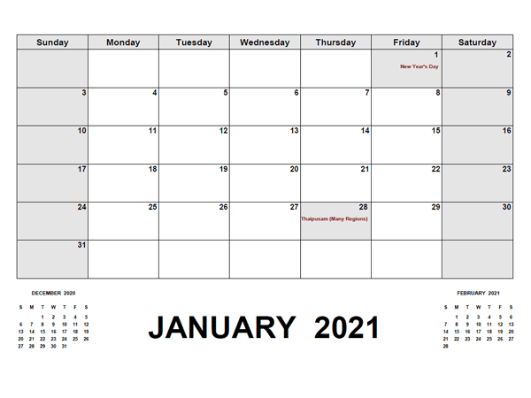 2021 Monthly Planner with Malaysia Holidays