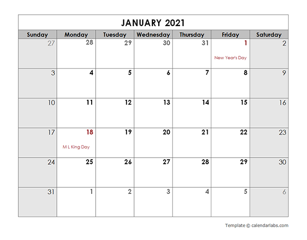 2021 Monthly US Holidays LibreOffice Calendar