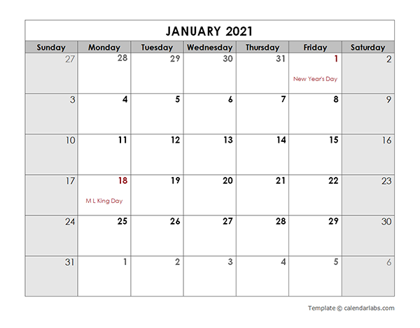 2021 Monthly Calendar with US Holidays