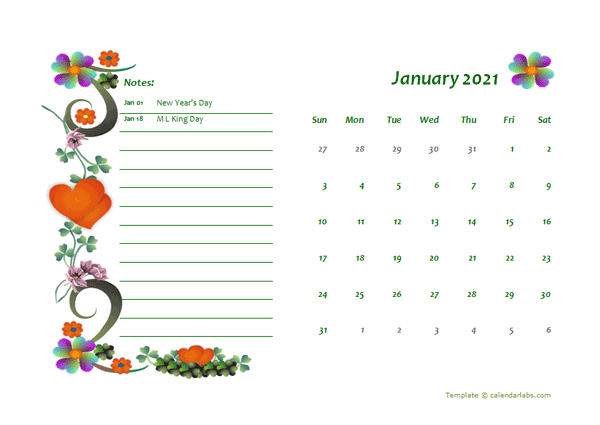 2021 Monthly Word Calendar Design Template