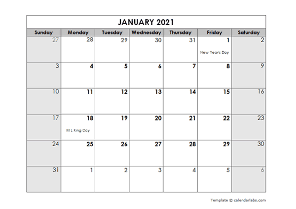 2021 Monthly Word Calendar Template with Holidays