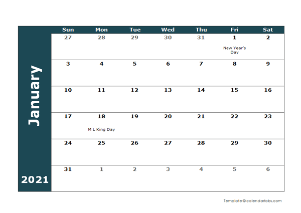 2021 Monthly Word Calendar Landscape Format