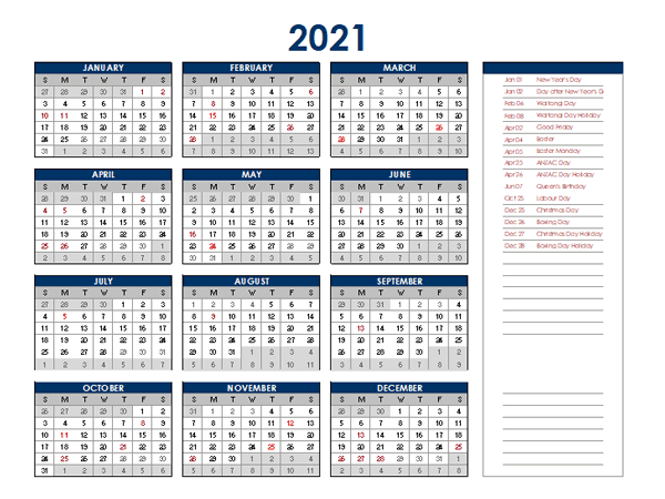 2021 New Zealand Annual Calendar with Holidays