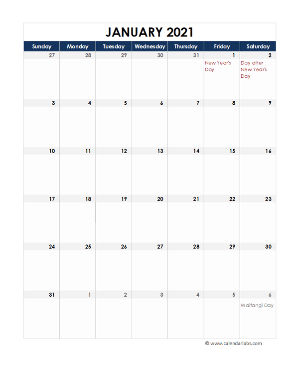 2021 New Zealand Calendar Spreadsheet Template