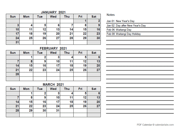 2021 New Zealand Quarterly Calendar with Holidays