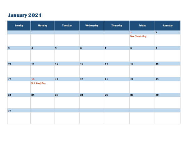 2021 OneNote Calendar Template