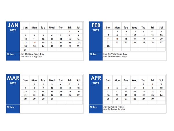 2021 OneNote Calendar with Holidays