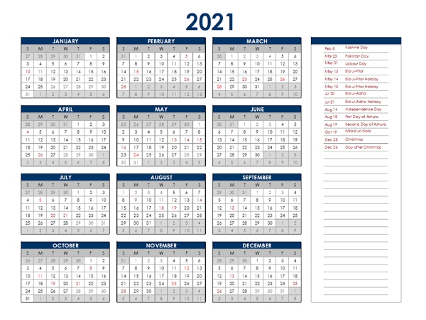 2021 Pakistan Annual Calendar with Holidays