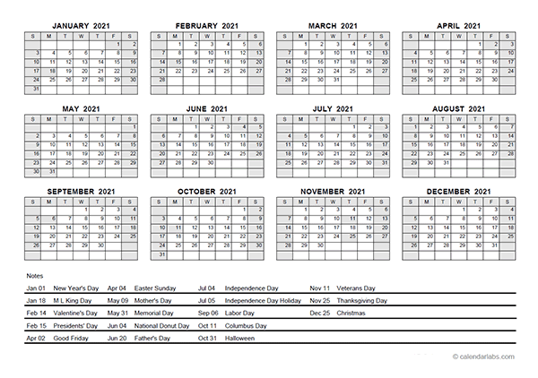 2021 PDF Yearly Calendar With Holidays