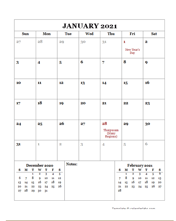 2021 Printable Calendar with Malaysia Holidays  