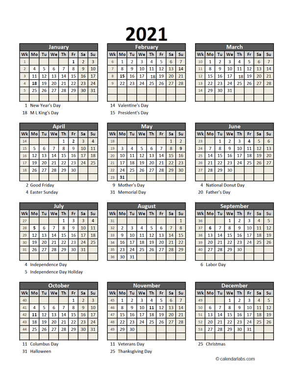 2021 Printable Calendar With Holidays