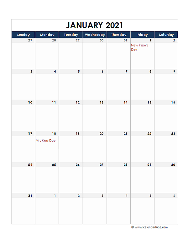 2021 Printable Calendar With large Boxes