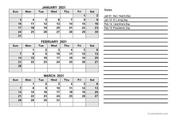 2021 Printable Calendar With Notes