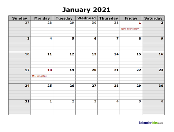 2021 Printable Landscape Monthly Calendar