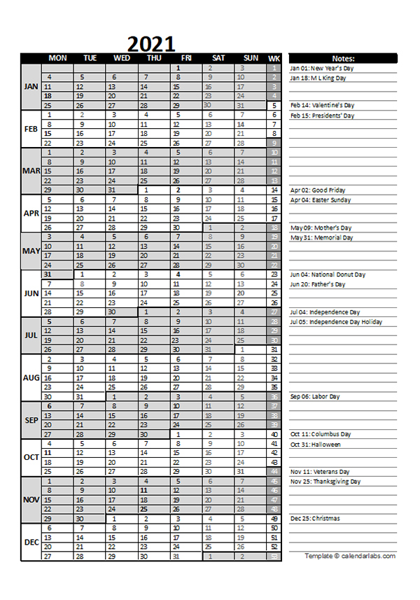 2021 Business Project Planning Calendar with Week Number