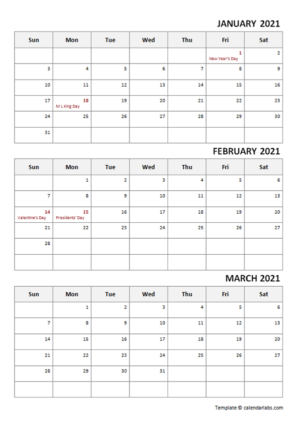 2021 Three Month Calendar Template