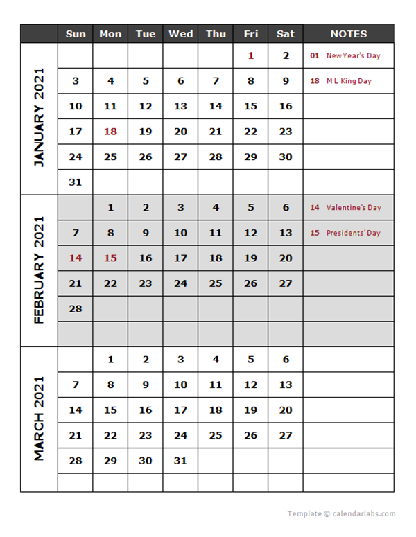 2021 Quarterly Calendar Template