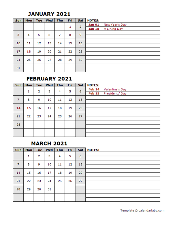 2021 Quarterly Calendar With Holidays