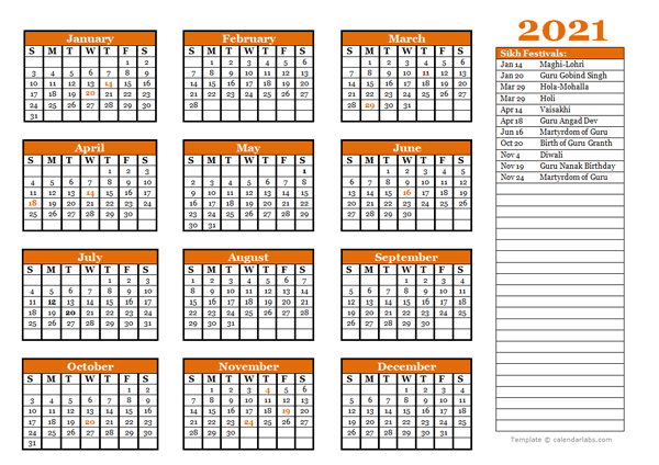 2021 Sikh Festivals Calendar Template