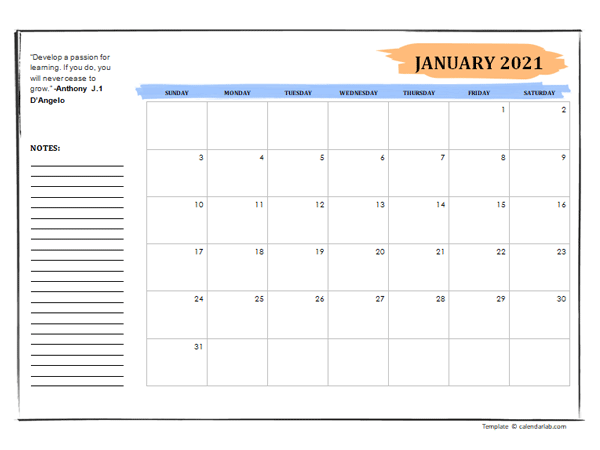 2021 Student Calendar With Note Space