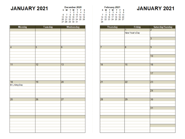 2021 Two Page Monthly Calendar A3