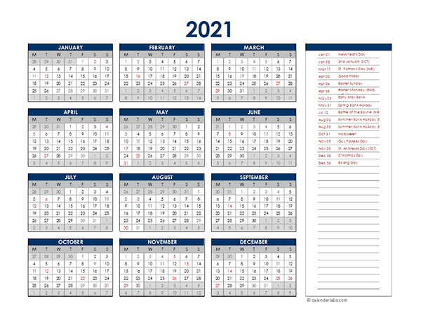 2021 uk annual calendar with holidays free printable