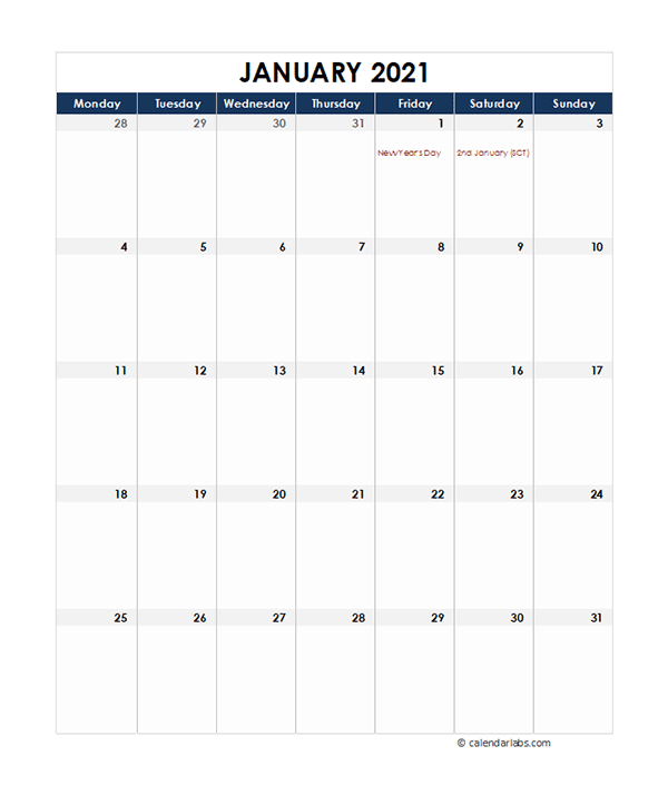 2021 UK Calendar Spreadsheet Template