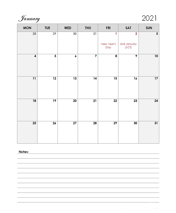 2021 UK Calendar Template Large Boxes - Free Printable ...