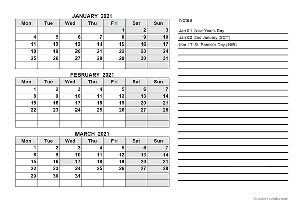 2021 UK Quarterly Calendar with Holidays