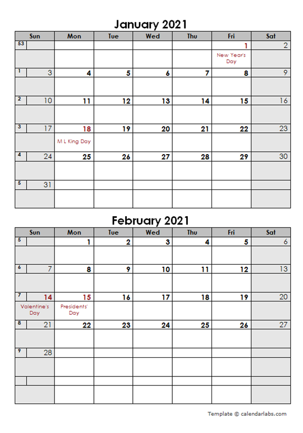 2021 Word Calendar Template Two Months in One Page