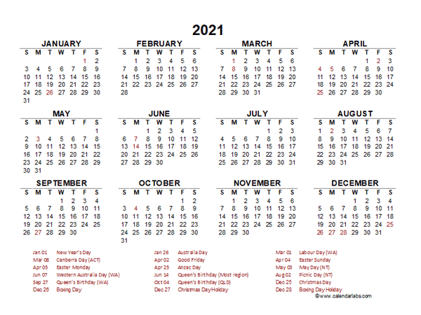 2021 Year at a Glance Calendar with Australia Holidays ...