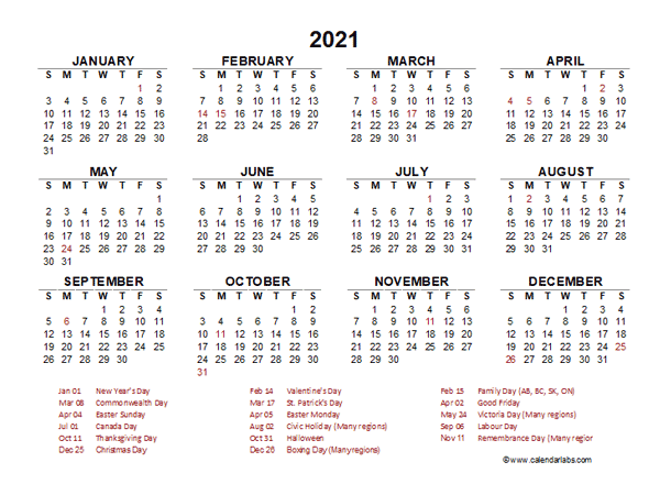 2021 Year at a Glance Calendar with Canada Holidays