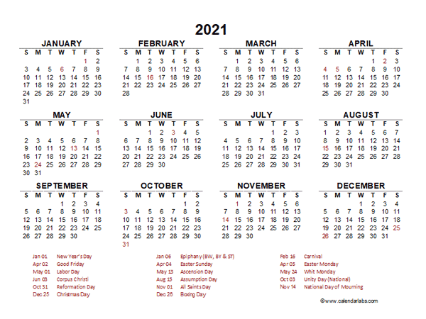 2021 Year at a Glance Calendar with Germany Holidays