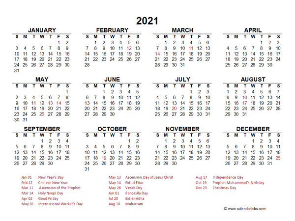 2021 Year at a Glance Calendar with Indonesia Holidays