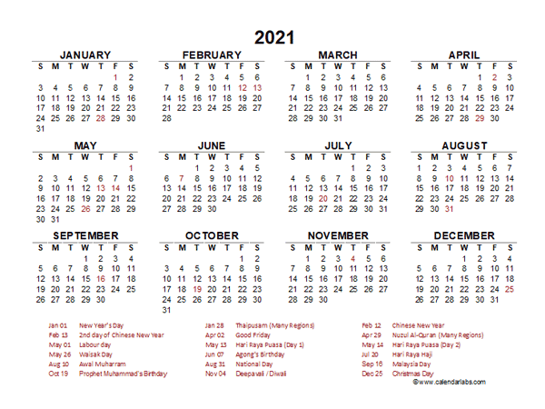 2021 Year at a Glance Calendar with Malaysia Holidays