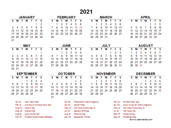  2022  Year at a Glance Calendar  with Malaysia  Holidays 